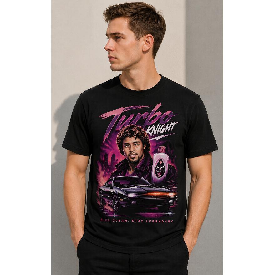 Men's Retro 80s Turbo Knight Graphic Tee, Short Sleeve Crew Neck Soft Cotton Blend, Vintage Car & City Skyline Print, Casual Streetwear Top