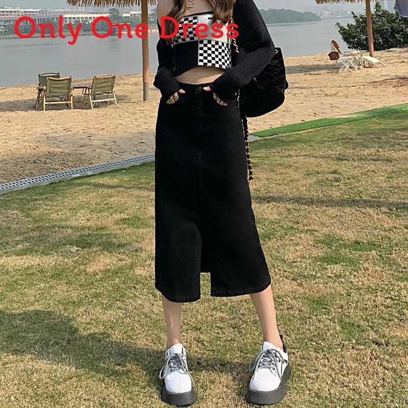 Denim Skirt Waterwash A Line Midi Skirt With Side Slit For Casual Women