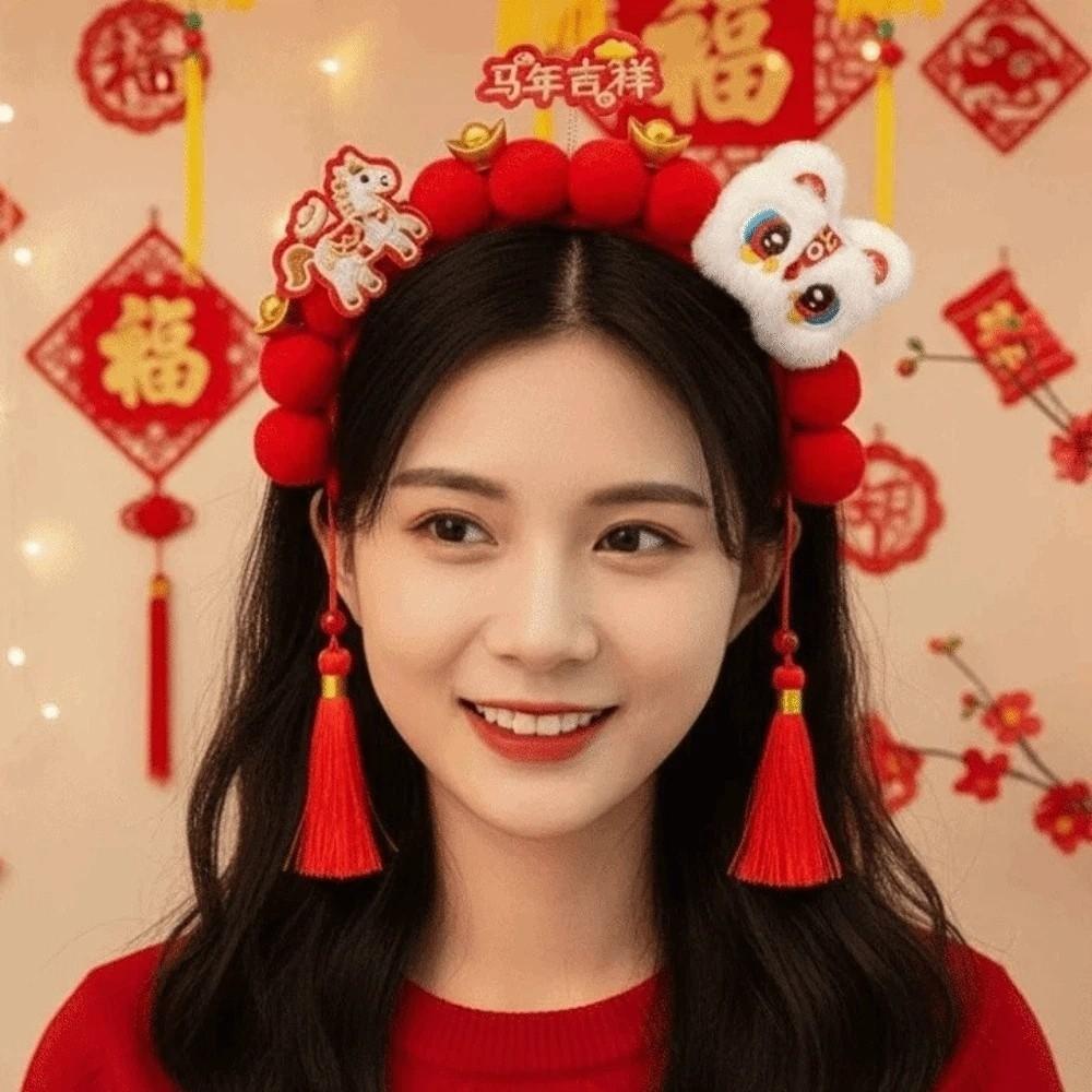 Lion New Year Tassel Hair Hoop Embroidered Bow Ancient Style Hair Clips Winter