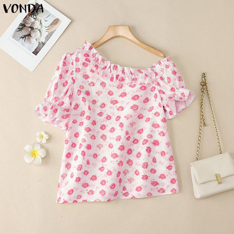 

VONDA Elegant Women One Shoulder Floral Print Casual Ruffled Blouse