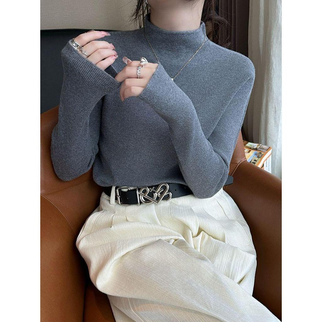 Women's Korean Style Soft Semi-High Neck Slim Fit Pullover Knit Sweater for Autumn and Winter