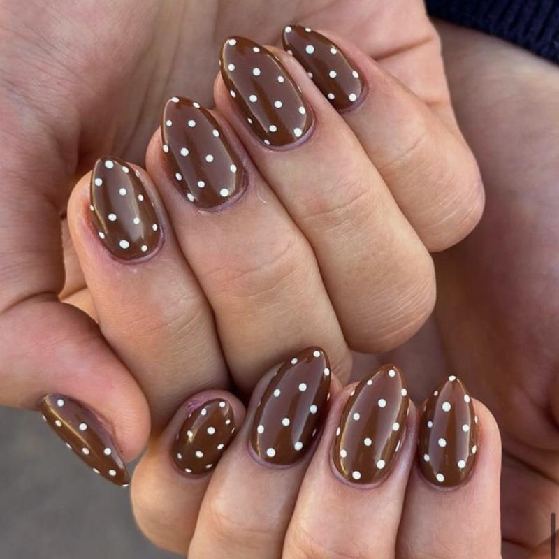 Brown Autumn/Winter White Polka Dot Almond-Shape Wearable Nails - Hot Selling Nail Art Tips