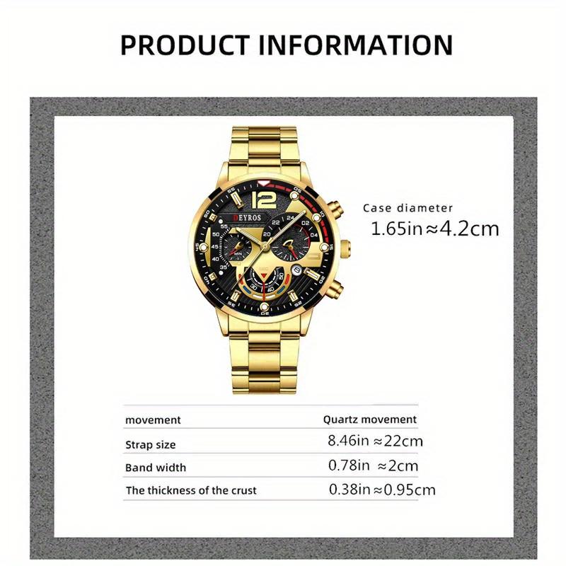3pcs/set, Fashion Men's Business Calendar Stainless Steel Quartz Watch & Bracelet & Cross Pendant Necklace