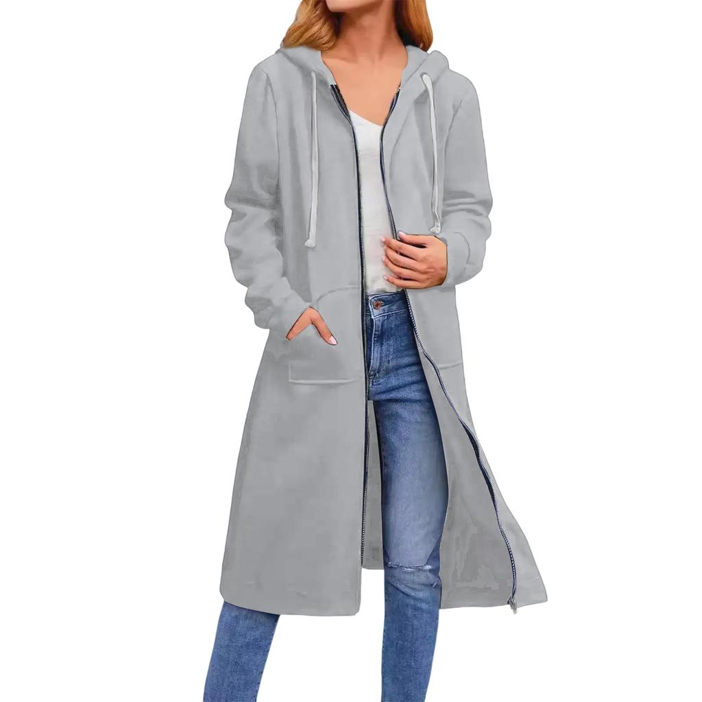 Women's Solid Color Fashionable Loose Zipper Long Cardigan Hooded Sweatshirt Jacket