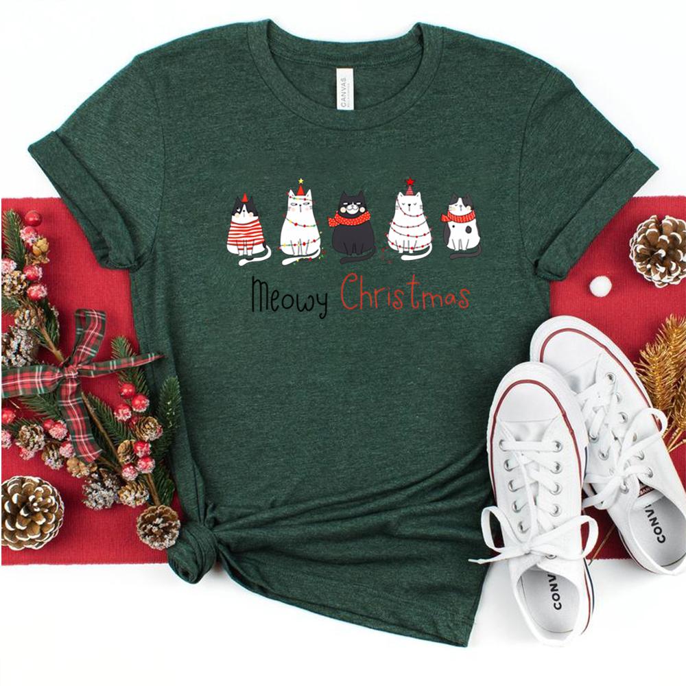 

Meowy Christmas Shirt Christmas Cat TShirt Merry Christmas Cat Lover Tees Cute Cat Graphic Tee Christmas Gift for Cat Mom Tops S
