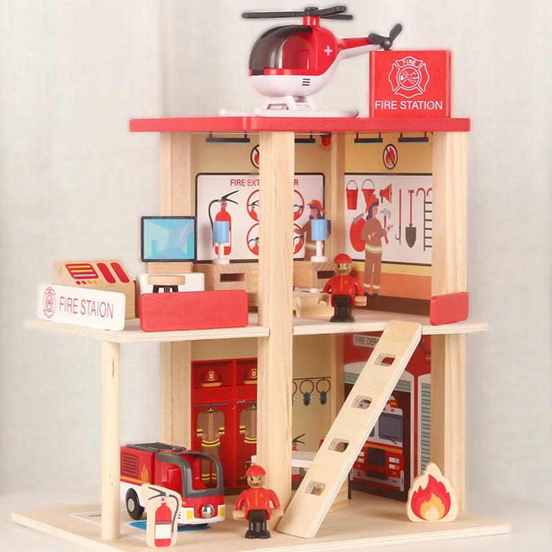 Play House Parking Lot Role-playing Simulation Police Station Fire Station Assembled Early Education Educational Wooden Toys