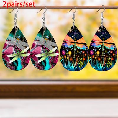 Boucles d'oreilles Ciel étoilé Fleur Libellule Cuir artificiel Boucles d'oreilles Printemps Impression double face Boucles d'oreilles légères Boucles d'oreilles en forme de goutte