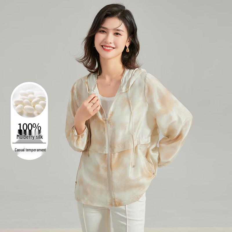 Golden Chrysanthemum 100% Mulberry Silk Hooded Zipper Cardigan Jacket XL
