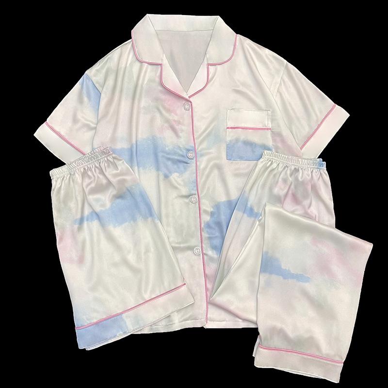 Summer Ladies Ice Silk Three-Piece Pajamas Homewear Girls Senior Short-Sleeved Blue and Pink Halo Cardigan Pajamas Homewear
