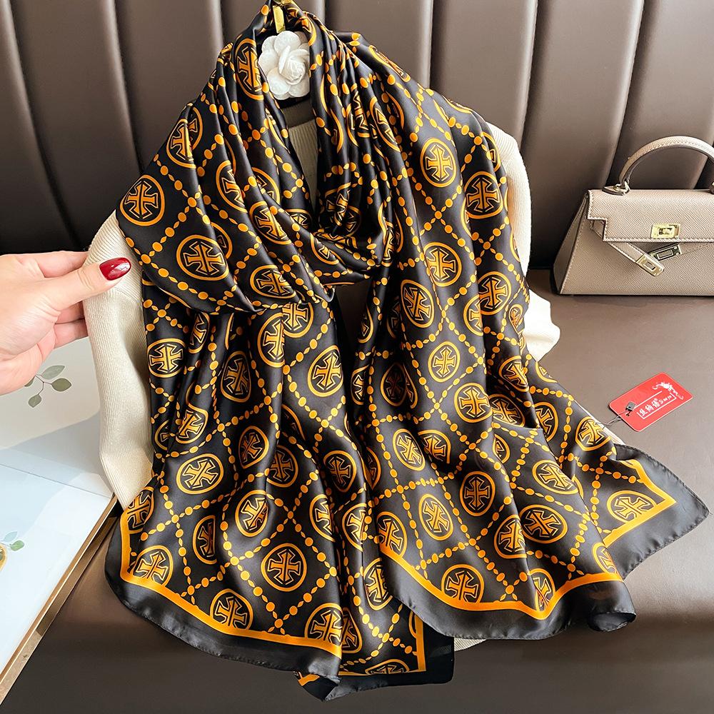 New silk scarf new silk satin printed shawl holiday fashion sunscreen long section simulation silk scarf