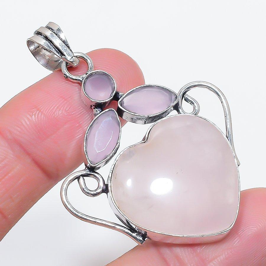 

Natural Rose Quartz, Chalcedony 925 Sterling Silver Jewelry Pendant 2.17 K8I65