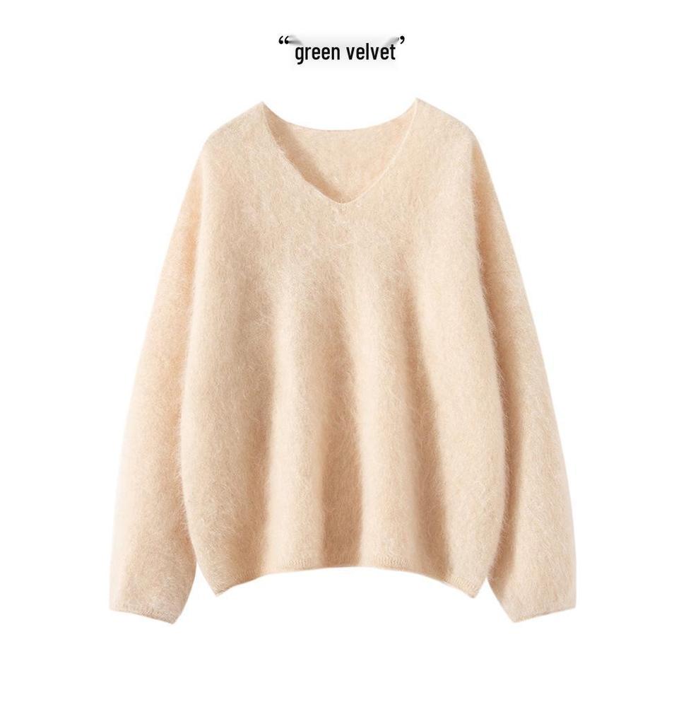 Women's Soft V-Neck Cashmere Pullover - 100% Pure, Fluffy, Seamless, Long Sleeve, Loose Fit, Ideal for Autumn and Winter