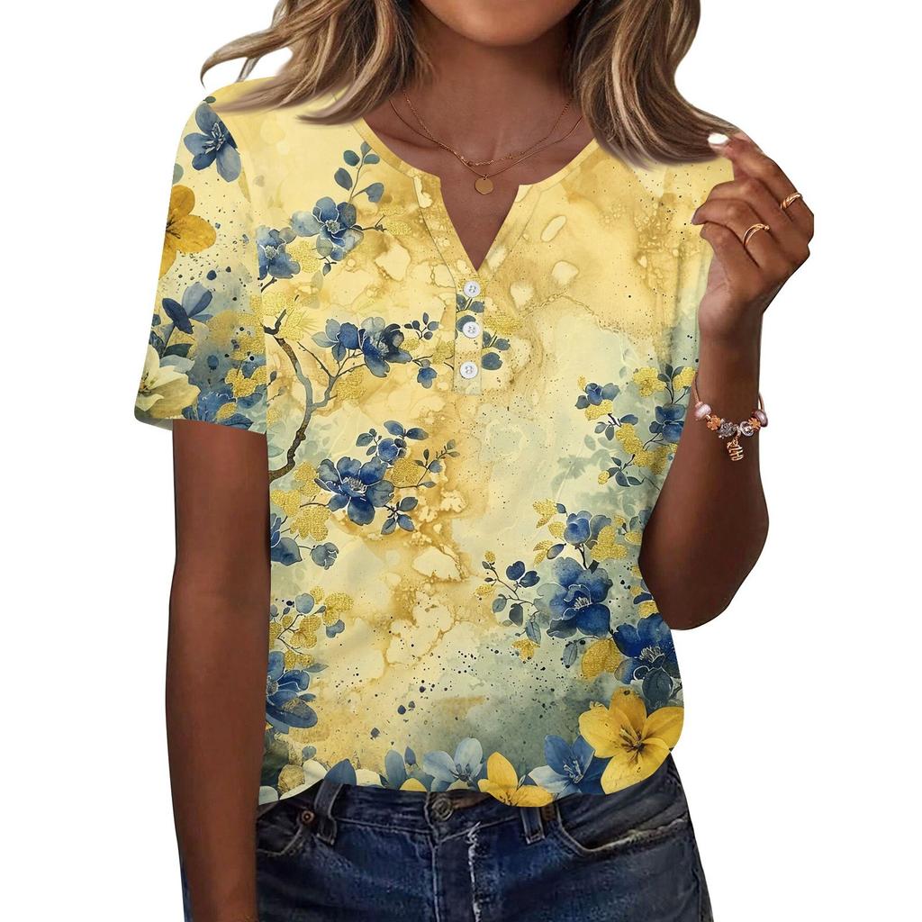 Women's T Shirt Print Button Short Sleeve Daily Weekend Fashion Basic V- Neck Regular Top