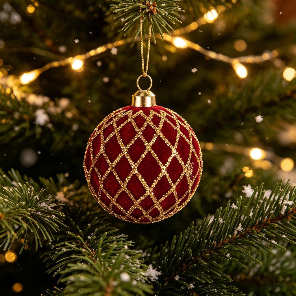 6cm Burgundy Flocked Christmas Baubles with Gold Glitter, 48Pcs Gift Box, 4 Patterns Xmas Tree Hanging Ornaments