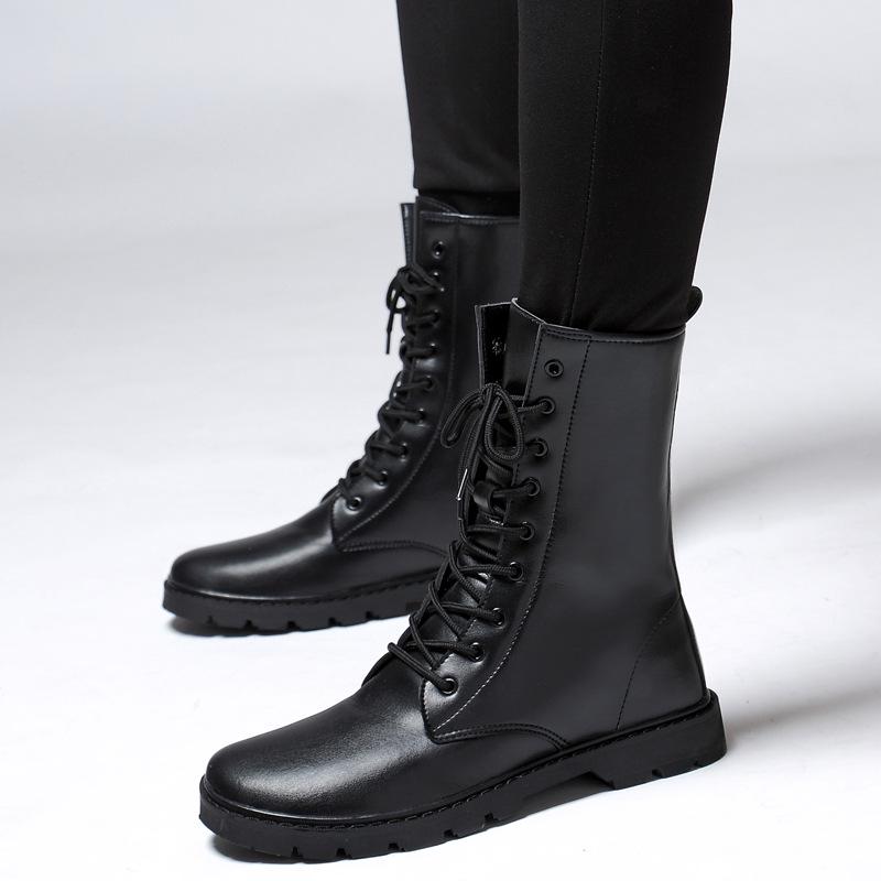 Men's Autumn Military High-Top Boots with Hidden Height Increase, Warm Cotton Lining, Large Sizes, and Non-Slip Rubber Sole