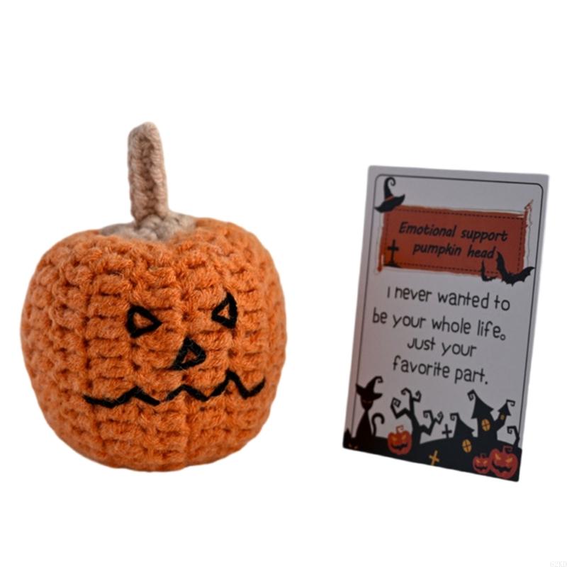 62KD Handmade Knitted Pumpkin Head with Positive Message Cards Halloween Festivals Crochet Pumpkin Dolls Ornament for Gifting