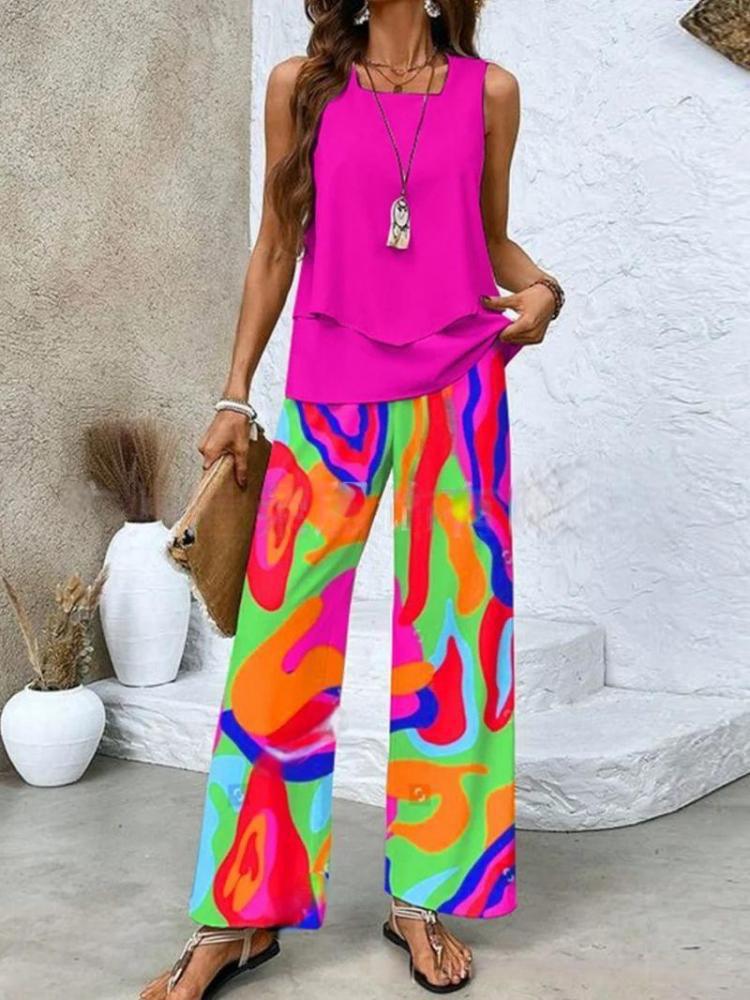 Womens Sleeveless Double Layer Pantsuit With 3d Print For Summer Casual Wear