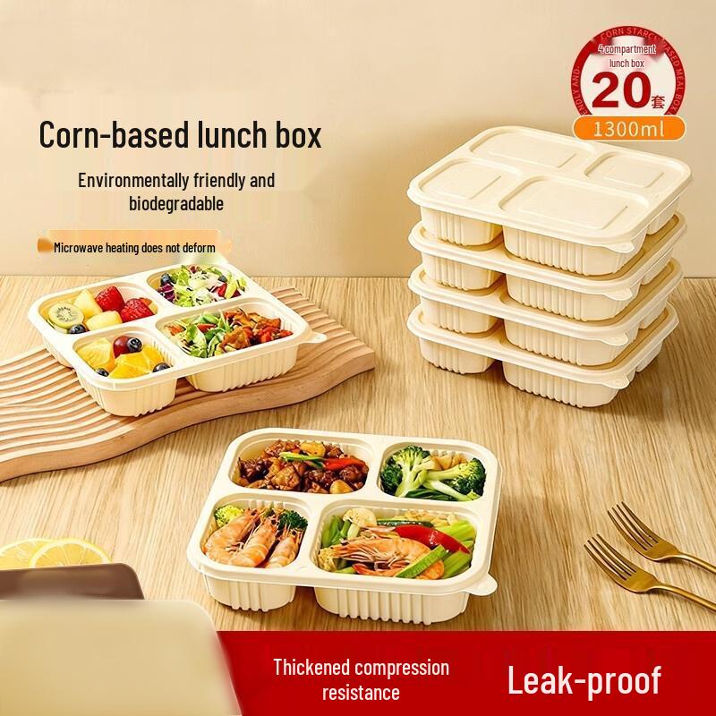 HANDUNYOU Corn Starch Disposable 4-Compartment Lunch Box