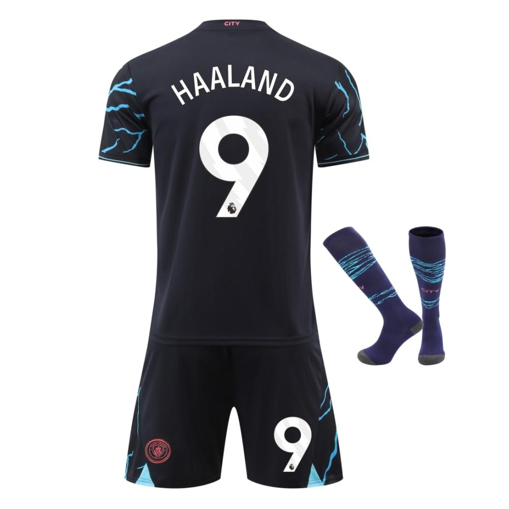 Set Maglia da Calcio Nera Man City Haaland N.9 per Bambini, Maglia Sportiva Traspirante ad Asciugatura Rapida, Abbigliamento da Allenamento Calcio per Giovani