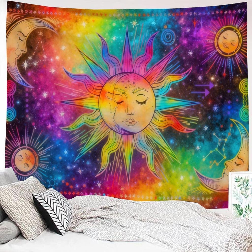 Hippe Boho Sun And Moon Tapestry, Trippy Colorful Tapestries Mystic Aesthetic Burning Sun Moon Wall Hanging Blanket For Bedroom