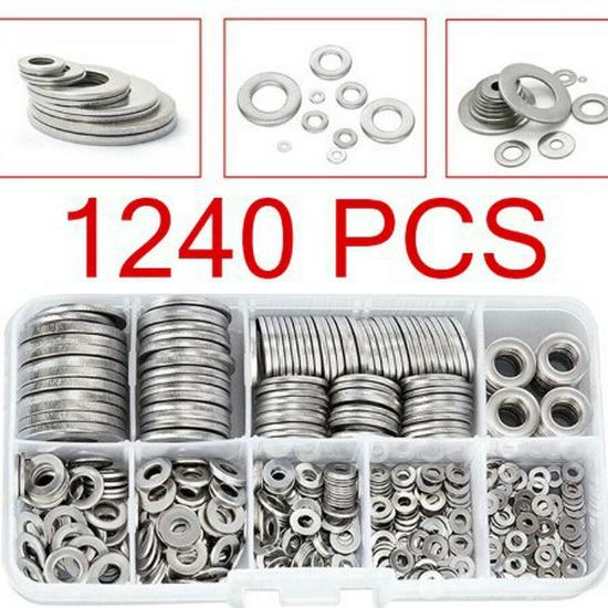 Set of 1250 Flat Washers (304 Stainless Steel, M2-M12, Anti-loosening)
