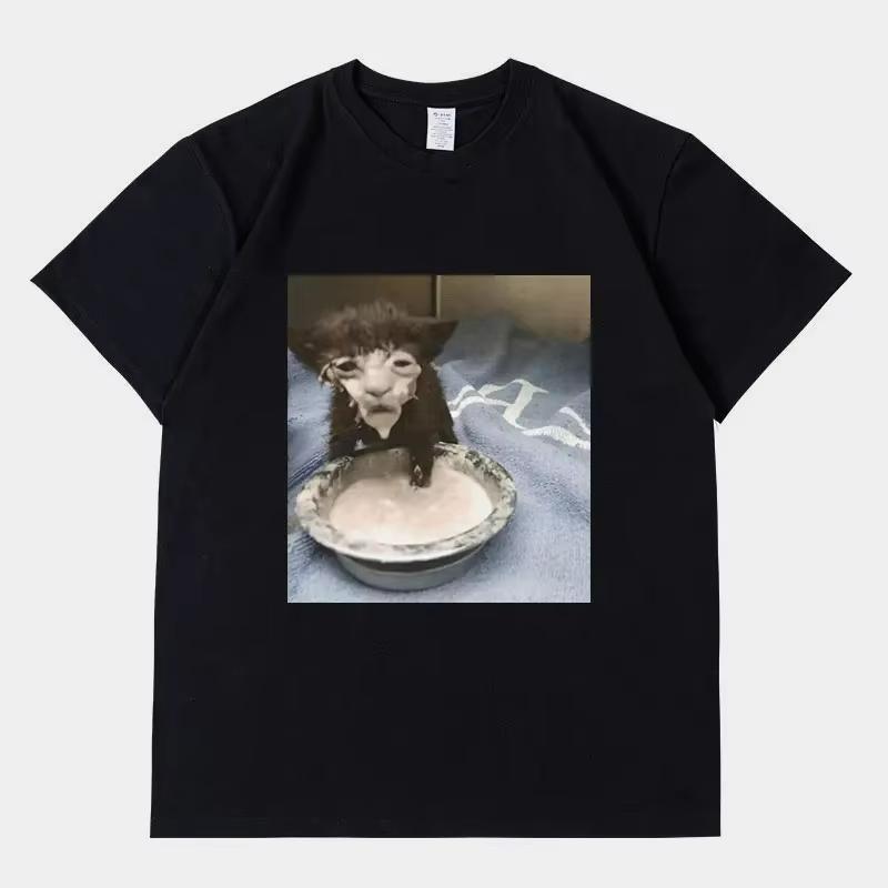 2025 Summe Milk Face Cat Meme Print T Shirt Weird Humor Funny Cat Graphic Mens Women Fashion 100 Pure Cotton Printed Tshirt