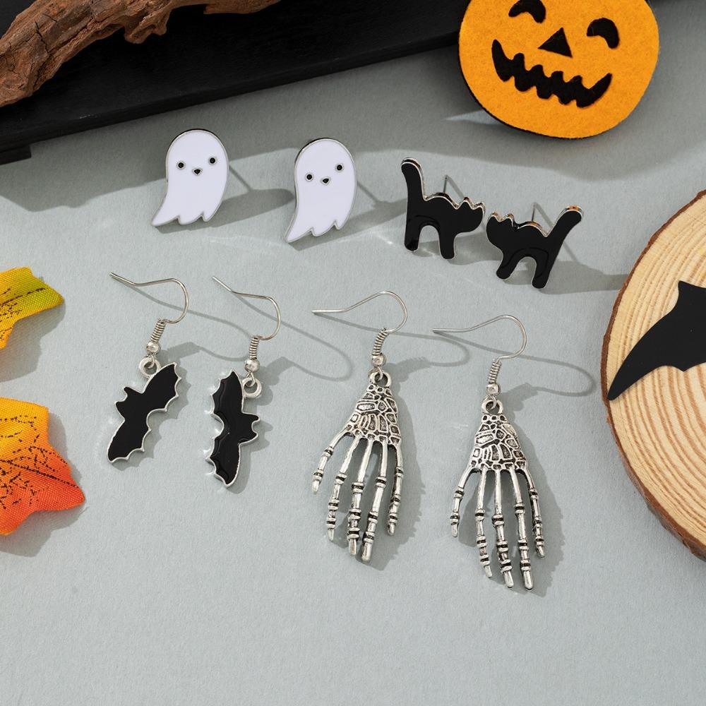 Funny Cartoon Little Devil Vampire Bat Black Cat Hollowed-out Skull Hand Earrings for Women Friends Halloween Party Jewelry Gift
