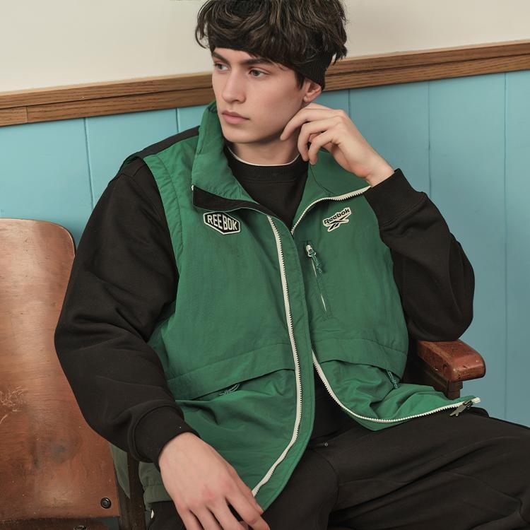 Reebok Colorblock-Logo Gesticktes Abzeichen Warme Gewebte Daunenweste Unisex-Weste Dunkelgrün Schwarz 23FRC283UGL1