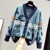 Women Cardigan Sweater Spring Autumn Long Sleeve V-Neck Wild Knitted Jacket Cartoon Printing Thick Sweater Cardigan Coat