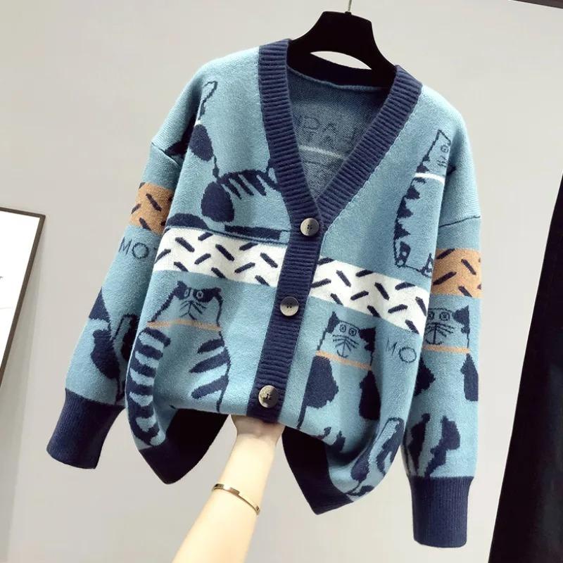 Women Cardigan Sweater Spring Autumn Long Sleeve V-Neck Wild Knitted Jacket Cartoon Printing Thick Sweater Cardigan Coat