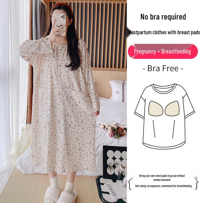 Long Sleeve Maternity Nightgown: Spring & Autumn Breastfeeding Pajamas with Cardigan for Pregnant Women