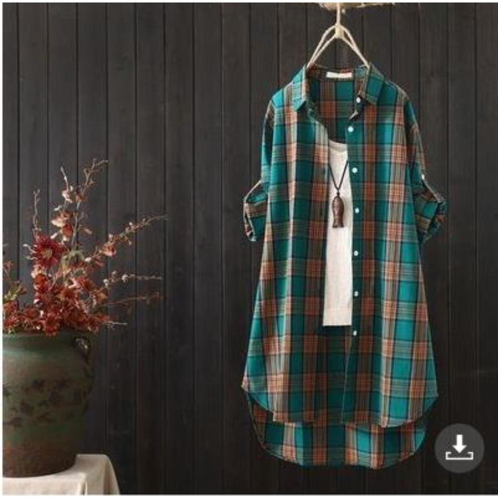 Women's Point Collar Long Sleeve Plaid Blouse Loose Fit Casual Cotton Tunic Shirt Outerwear