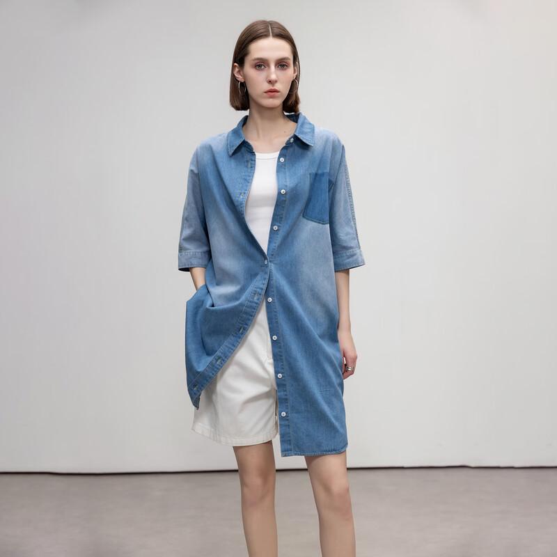 Demana Women s Washed Denim Lapel Shirt Dress L