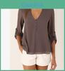 Women Casual Sexy Deep V Neck Chiffon Blouse Shirt With Slim Waist And Long Sleeves