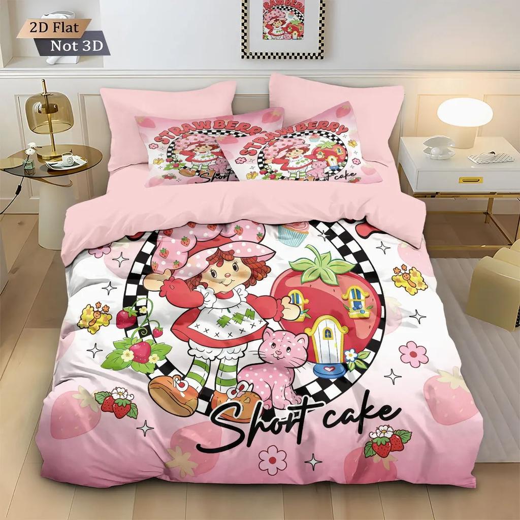 3D Cute Girls Strawberry Shortcake Bedding Set Colorful Cartoon Strawberry Girl Pattern Duvet Cover Pillowcase Home Decor Room