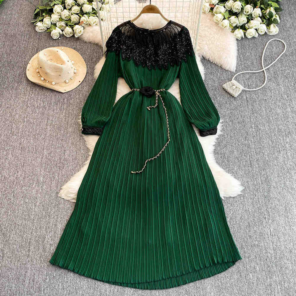 Vintage Court Style Autumn Heavy Industry Sequined Embroidered Long Pleated Bubble Sleeve Dress Women's Pleated Skirt