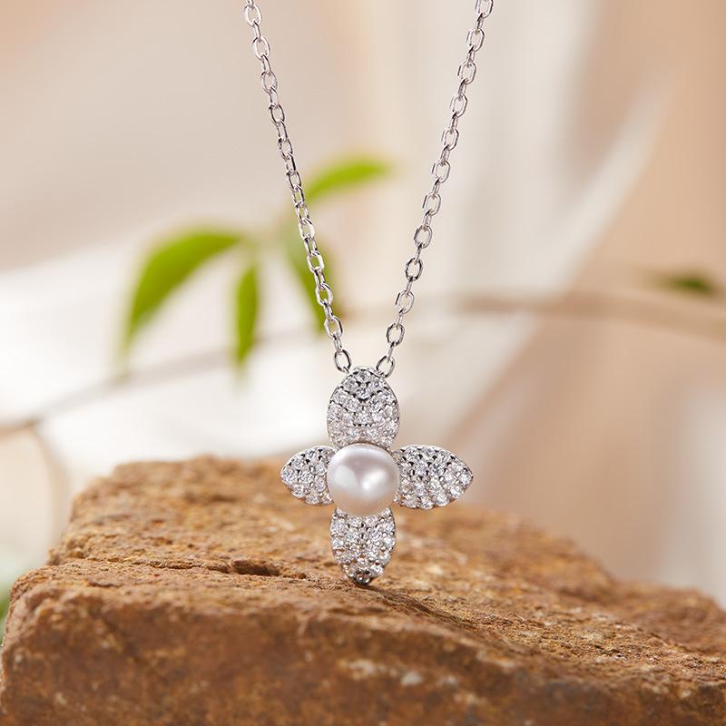 S925 Sterling Silver Natural Colored Treasure Necklace Flower Pendant Women'S Japan And Korea Small Fresh Set Simple And Sweet Collarbone Chain