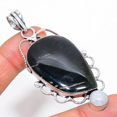 Natural Black Tiger Eye Gemstone Handmade 925 Sterling Silver Pendant 2.76" J8b29