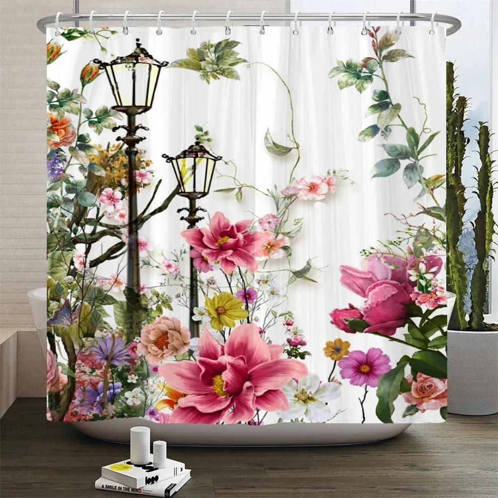 Retro Blooming Flowers Shower Curtains Bathroom Curtains Waterproof Polyester Bath Curtain with 12 Hooks Shower Curtain