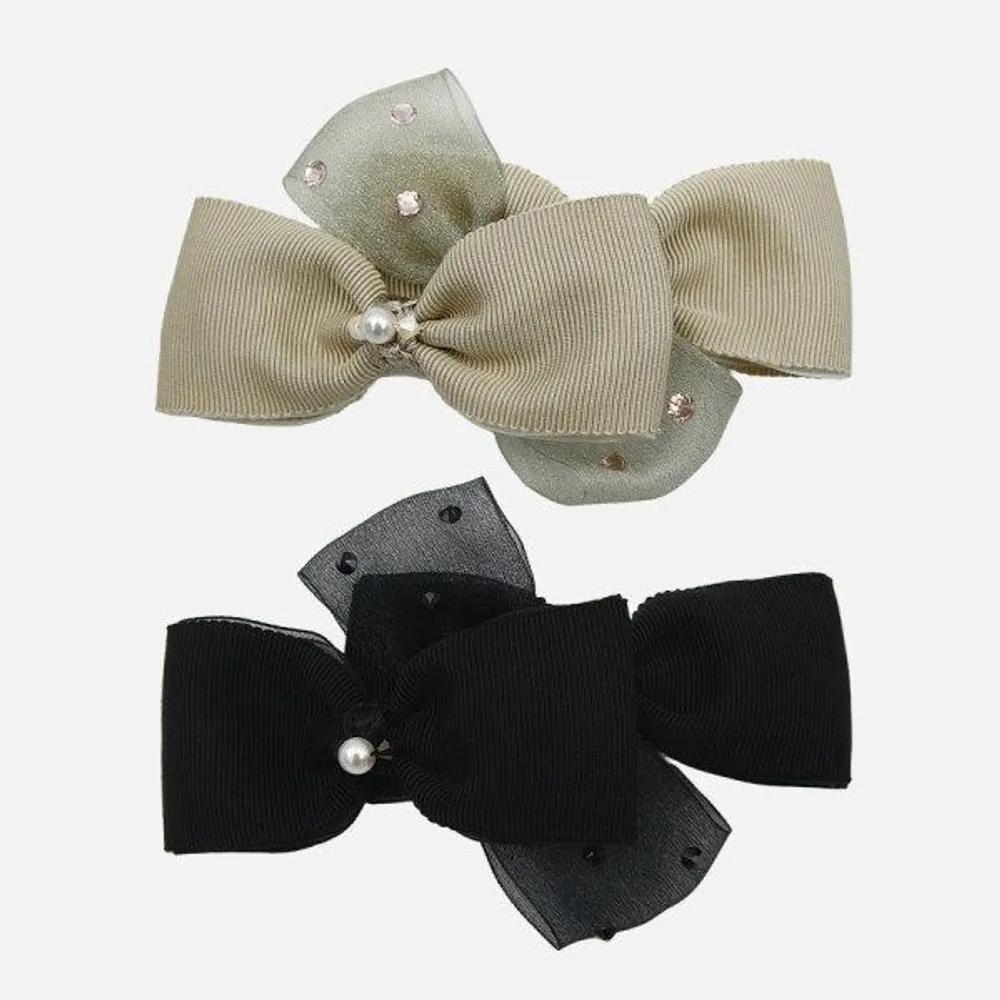 J Lauren Chiffon Grosgrain Double Ribbon Cubic Automatic Pin H01442 beige