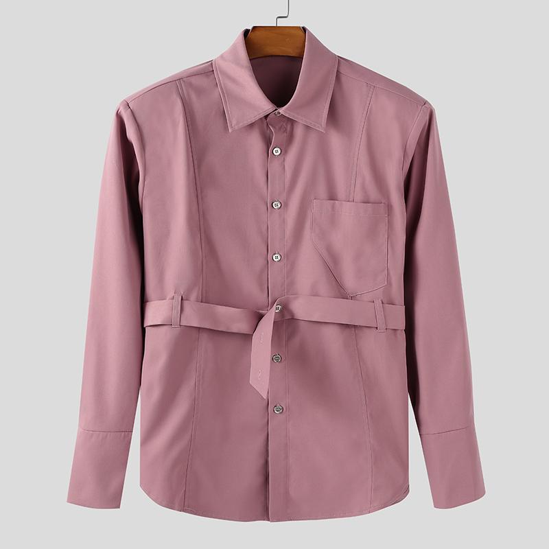 INCERUN S-5XL Men Casual Lapel Neck Long Sleeve Buttons Up Belt Shirts Tops