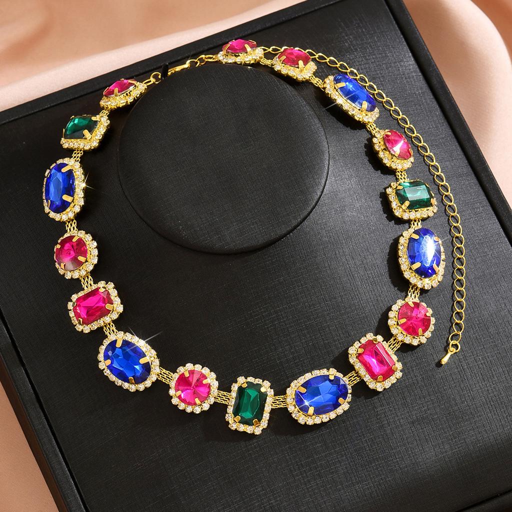 Luxury Full Diamond Geometric Oval Color Crystal Neck Chain Earrings Rhinestone Necklace Fashion Exaggerated Bundle Necklace