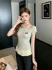 Shenzhen Nanyou~ 16 New M Home Retro Contrast Color Striped Slash Shoulder Short Sleeve Slim-fit Design Knitted Top 6716