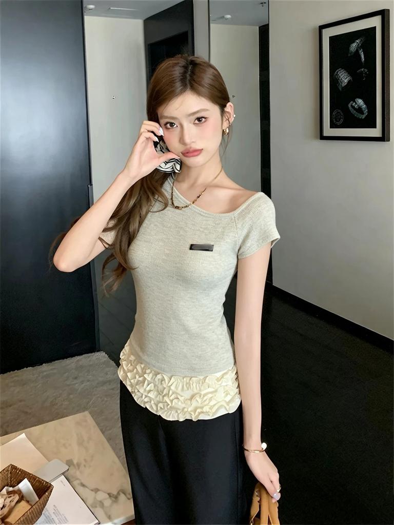 Shenzhen Nanyou~ 16 New M Home Retro Contrast Color Striped Slash Shoulder Short Sleeve Slim-fit Design Knitted Top 6716