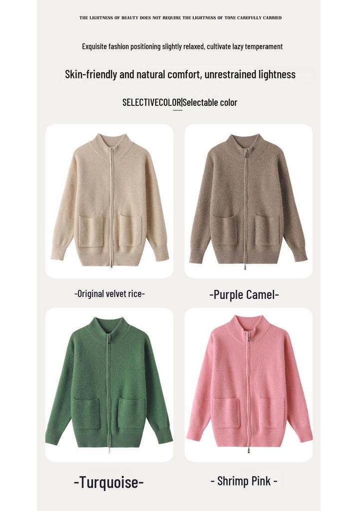 Heavyweight Stand Collar Wool Cardigan - Versatile Casual Solid Color for Autumn/Winter