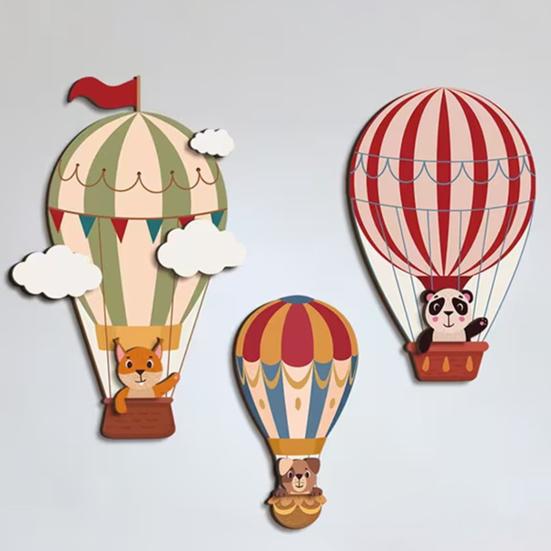 3 Pcs Hot Air Balloon Wall Decor Boho Wooden Nursery Wall Art Cartoon Animals Hot Air Balloon Wall Sculpture for Kids Bedroom Baby Shower Decoration