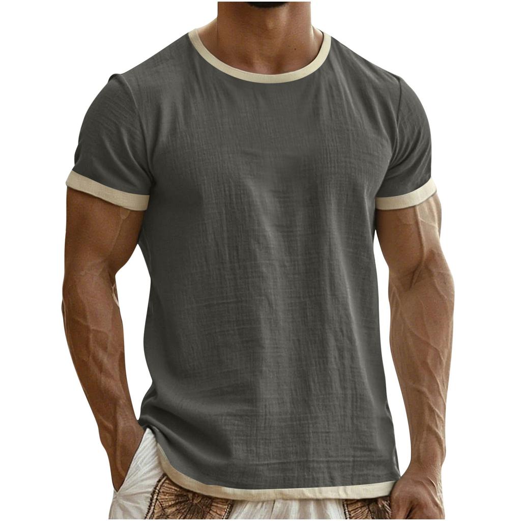 Men's Colorblock Cotton Linen Short Sleeve T-Shirt Lightweight Breathable Round Neck Casual Vacation Top