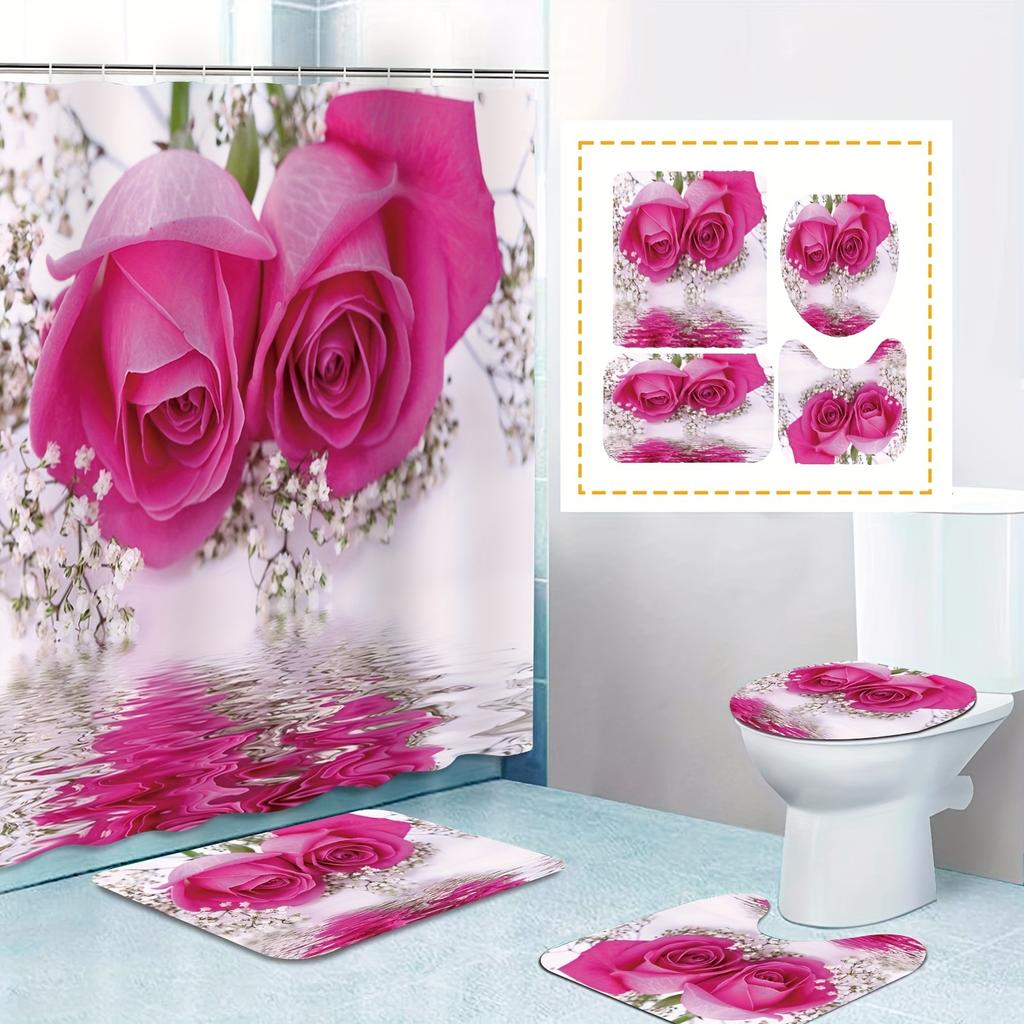 4Pcs Valentine's Day Pink Rose Shower Curtain Sets for Bathroom Non-Slip Bathroom Rugs Lid Toilet Cover Bath Mat Bathroom Set