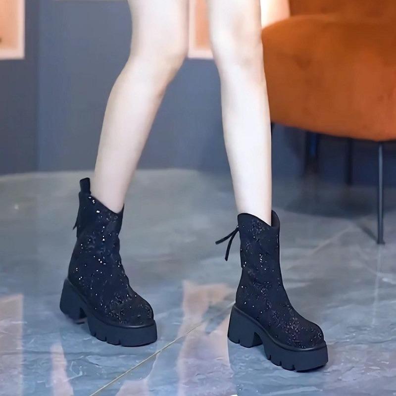 

Сапоги до середины голени Осень Новые Круглый носок Пайетки Платформа Противоскользящие Износостойкие Обувь на блочном каблуке 35