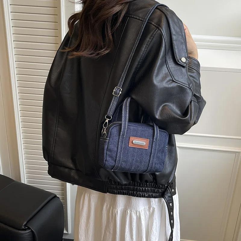 Retro Denim Kleine Quadratische Schultertaschen für Damen Leicht Tragbare Weibliche Crossbody-Tasche Faden-Design Damen Handtaschen